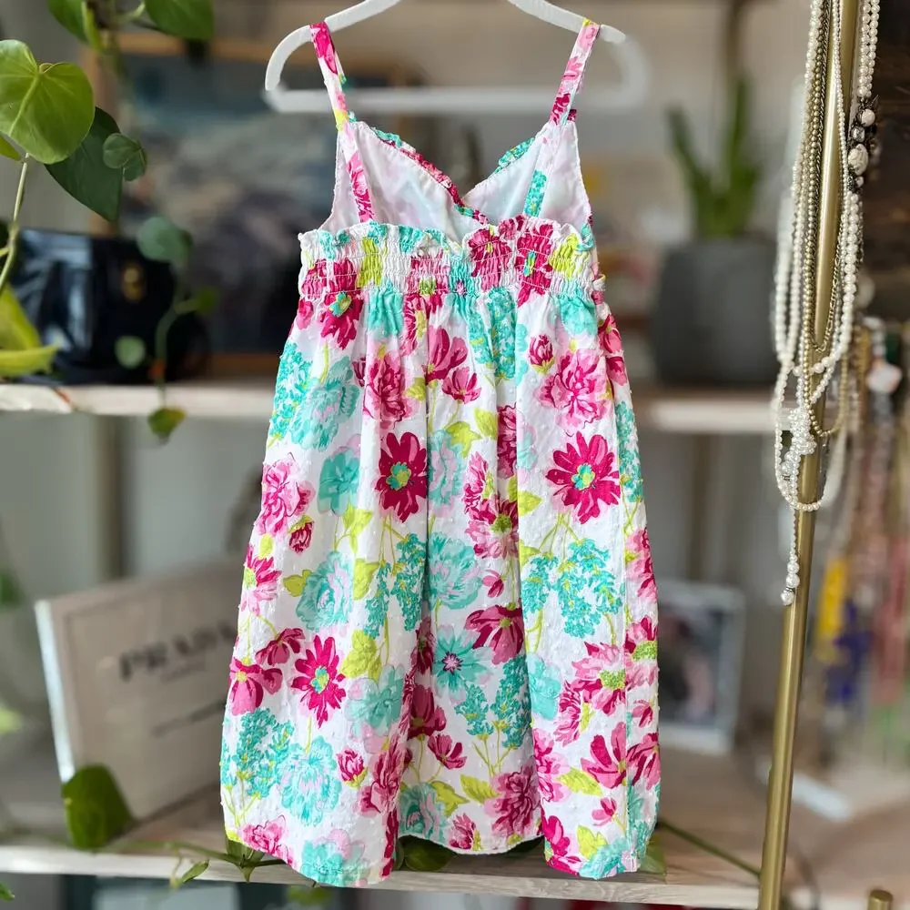 Penelope Mack Girls Floral Smocked Sundress Pink Teal White Lined Size 6 Preppy